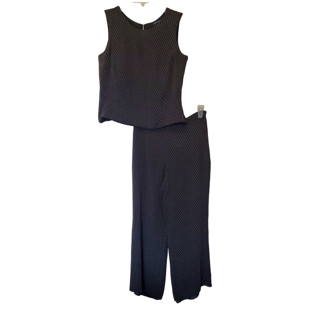 Ann Taylor Silk 2 Piece Set Womens 8/4 Black Dotted Pinstripe Top Wide Leg Pants - Picture 1 of 16